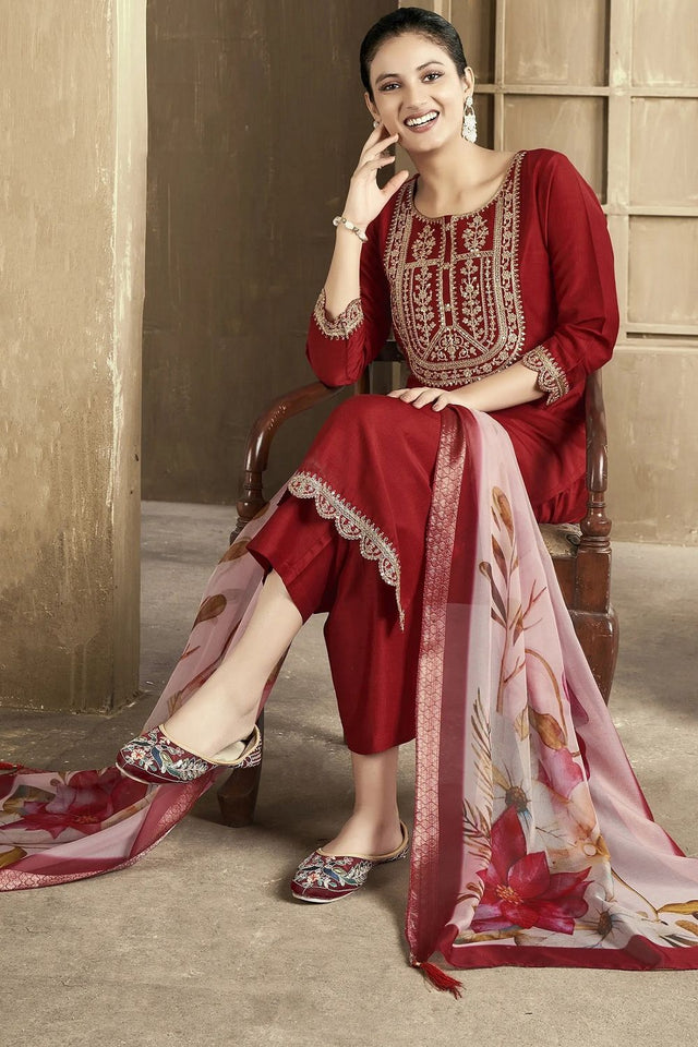 Maroon Embroidered Chanderi Kurti Pant Set (ACB2299)