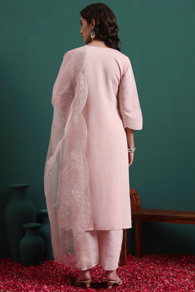 Pink Embroidered Silk Blend Kurti Pant Set (ACB2301)
