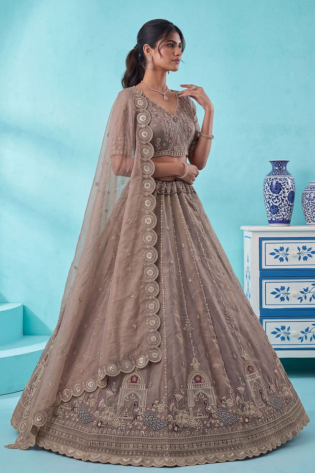 Brown Heavy Embroidered Silk Lehenga (ACB2304)