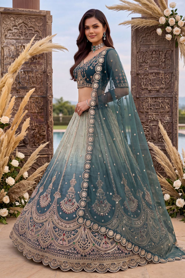 Blue Heavy Embroidered Silk Lehenga (ACB2308)