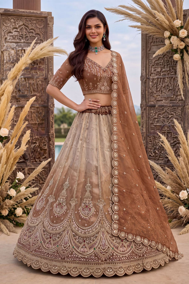 Copper Heavy Embroidered Silk Lehenga (ACB2310)