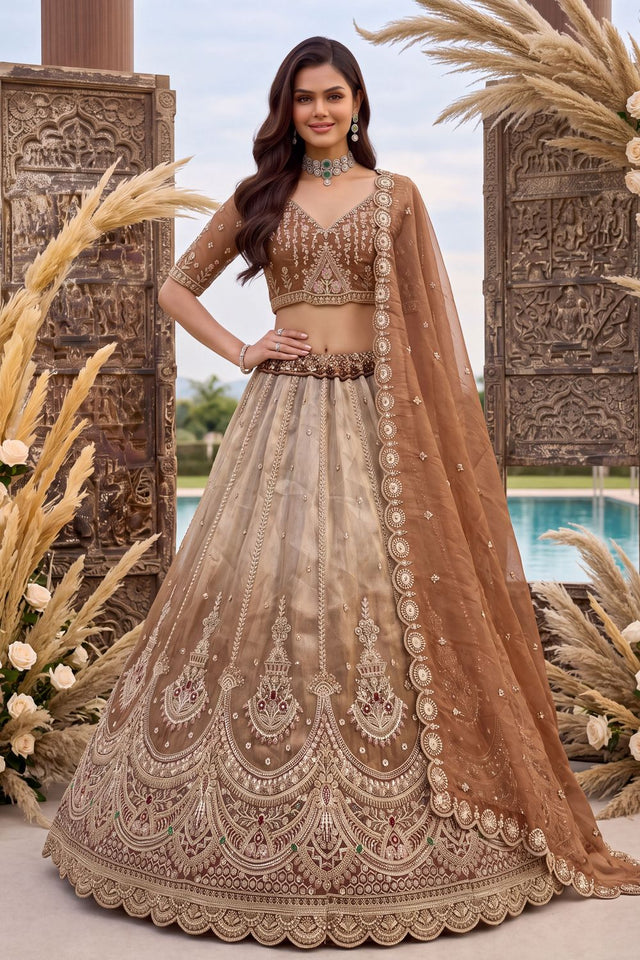 Copper Heavy Embroidered Silk Lehenga (ACB2310)