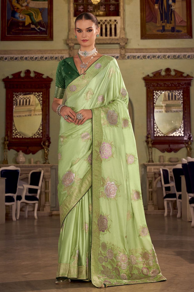 Green Jacquard Woven Satin Silk Saree (ACB2314)