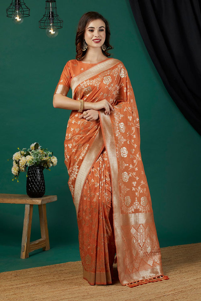 Rust Zari Woven Crepe Saree (ACB2319)