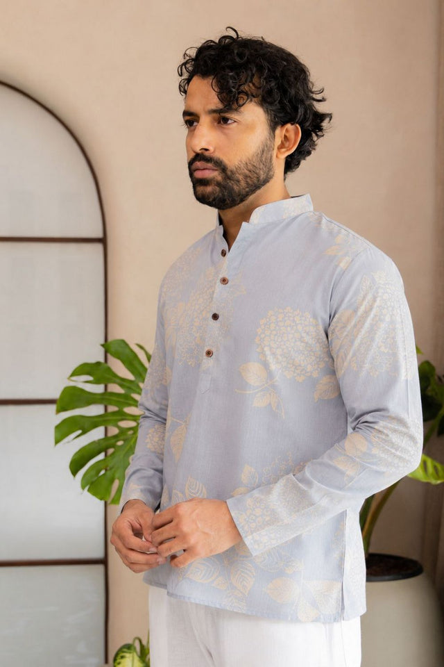 Mens Blue Floral Printed Linen Short Kurta (ACB2324)