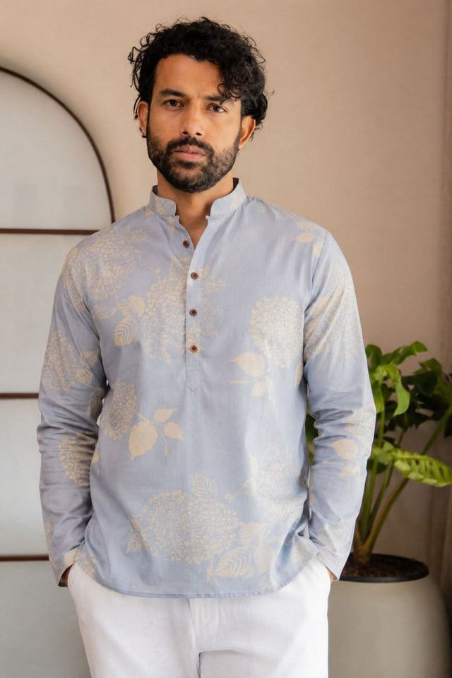 Mens Blue Floral Printed Linen Short Kurta (ACB2324)