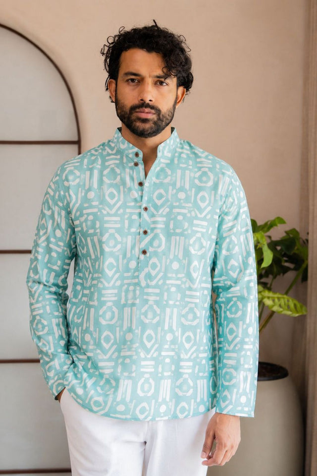 Mens Green Printed Linen Short Kurta (ACB2326)