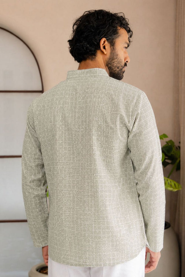 Mens Grey Printed Linen Short Kurta (ACB2327)