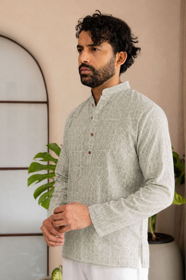 Mens Grey Printed Linen Short Kurta (ACB2327)