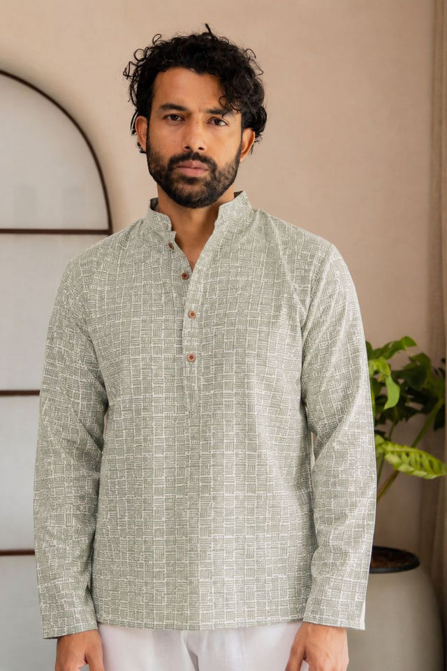 Mens Grey Printed Linen Short Kurta (ACB2327)