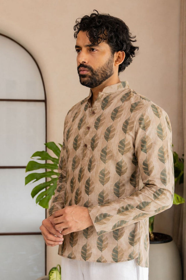 Mens Multi Color Printed Linen Short Kurta (ACB2328)