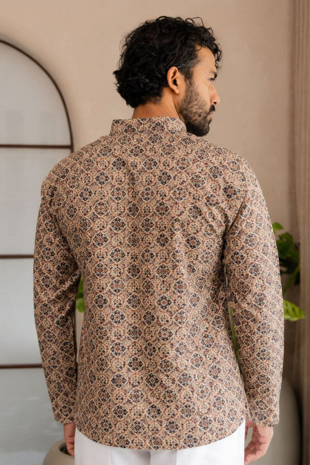 Mens Multi Color Printed Linen Short Kurta (ACB2329)