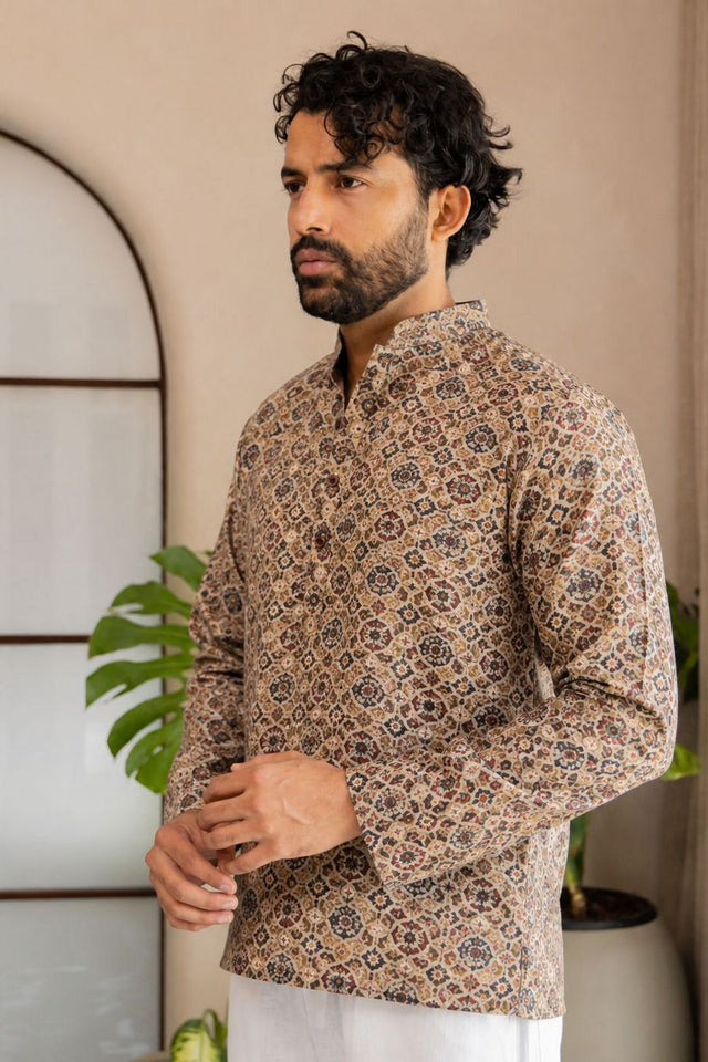 Mens Multi Color Printed Linen Short Kurta (ACB2329)