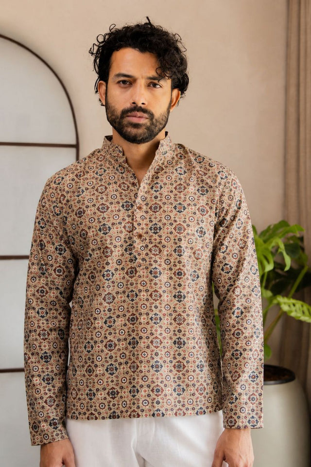 Mens Multi Color Printed Linen Short Kurta (ACB2329)