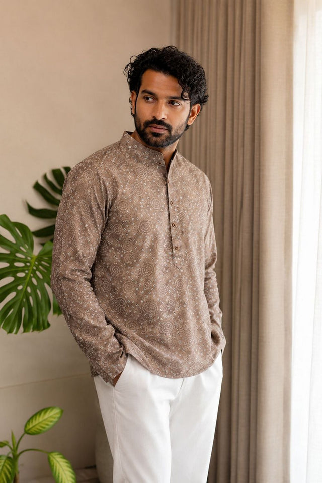 Mens Mauve Printed Linen Short Kurta (ACB2331)