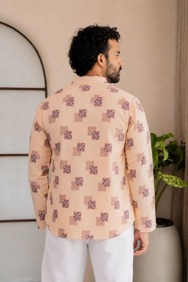 Mens Yellow Printed Linen Short Kurta (ACB2332)