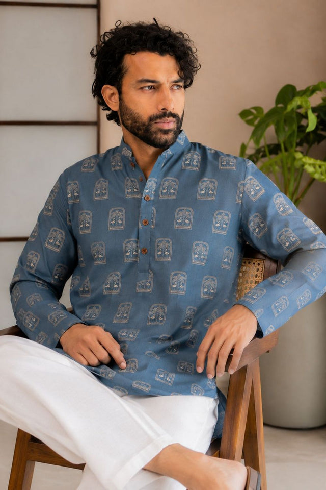Mens Blue Printed Linen Short Kurta (ACB2333)