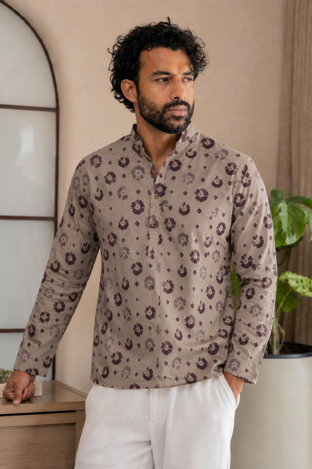Mens Grey Printed Linen Short Kurta (ACB2334)
