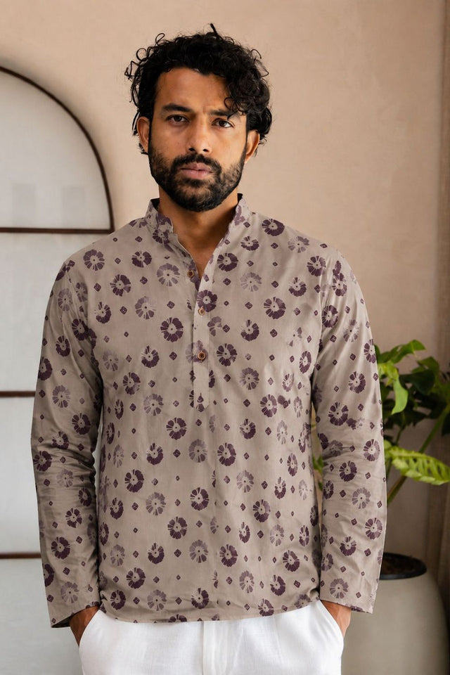 Mens Grey Printed Linen Short Kurta (ACB2334)