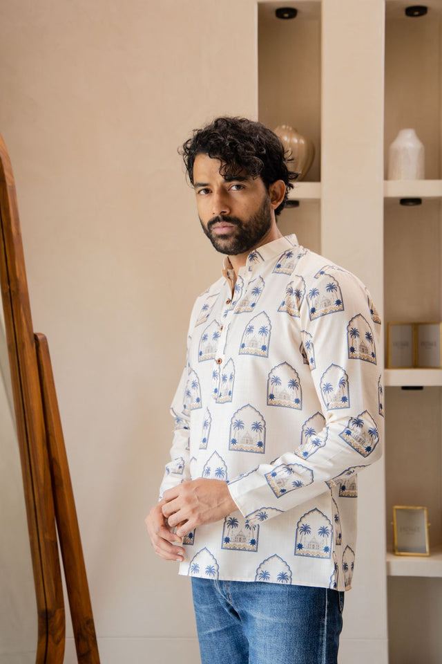 Mens Cream Printed Linen Short Kurta (ACB2336)