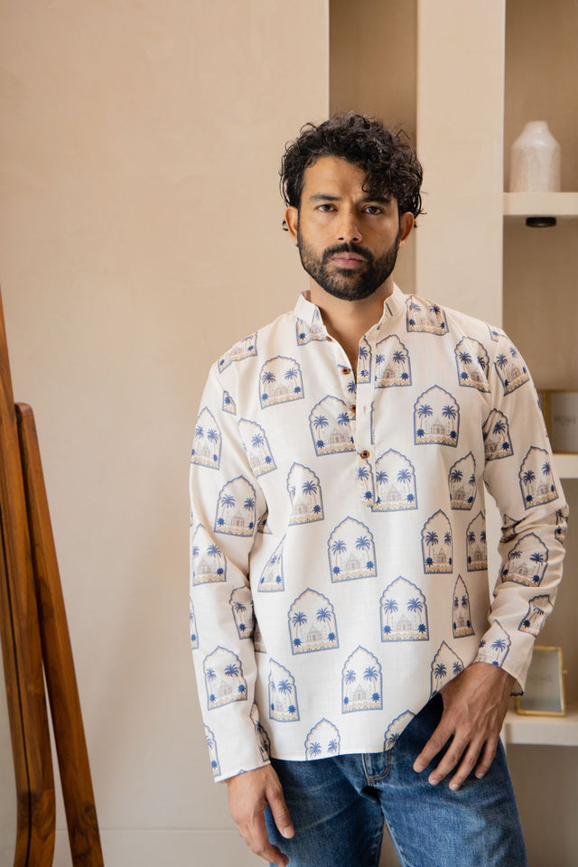 Mens Cream Printed Linen Short Kurta (ACB2336)