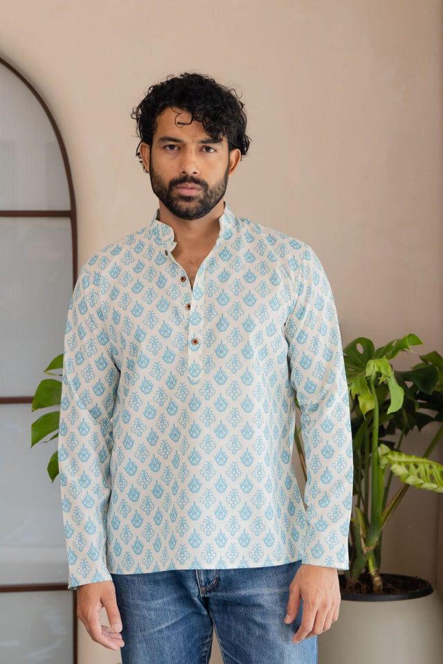 Mens Blue Printed Linen Short Kurta (ACB2337)