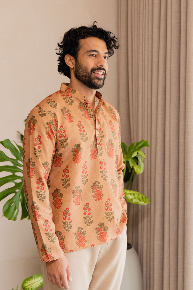 Mens Orange Floral Printed Linen Short Kurta (ACB2339)