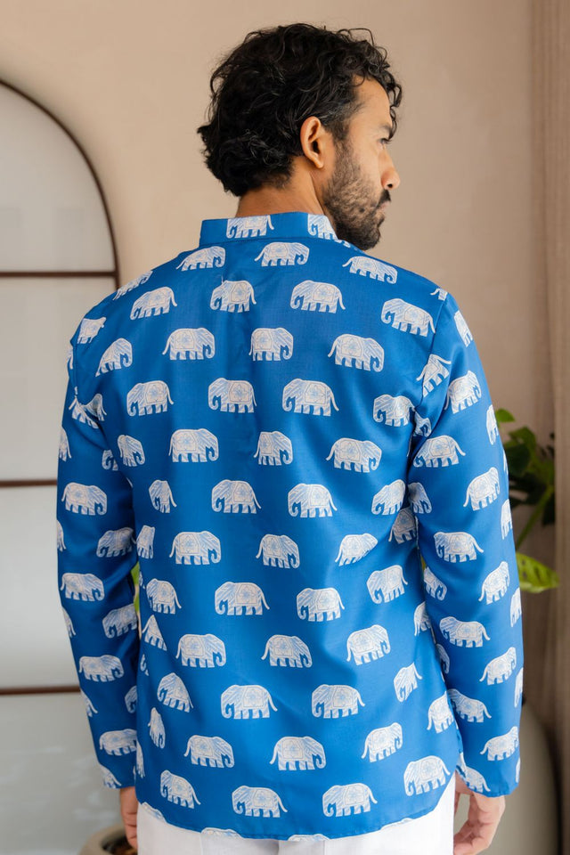 Mens Blue Animal Printed Linen Short Kurta (ACB2340)