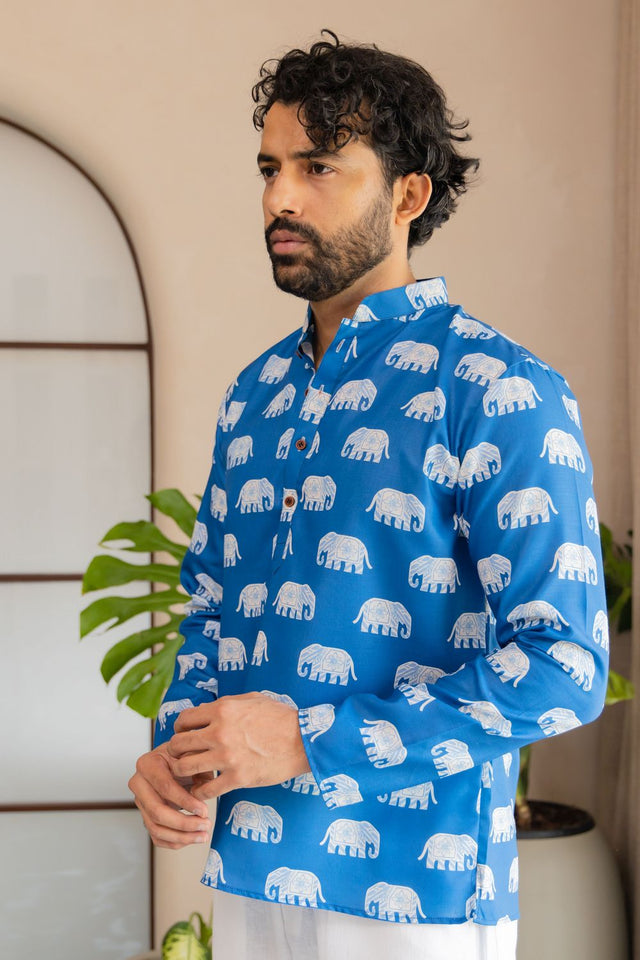 Mens Blue Animal Printed Linen Short Kurta (ACB2340)