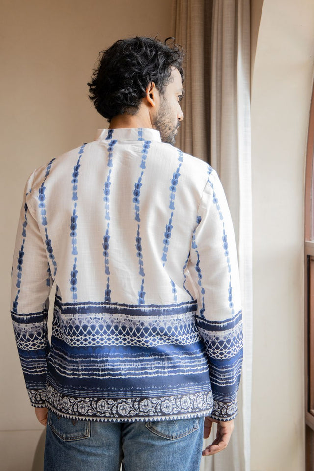 Mens Blue Printed Linen Short Kurta (ACB2341)