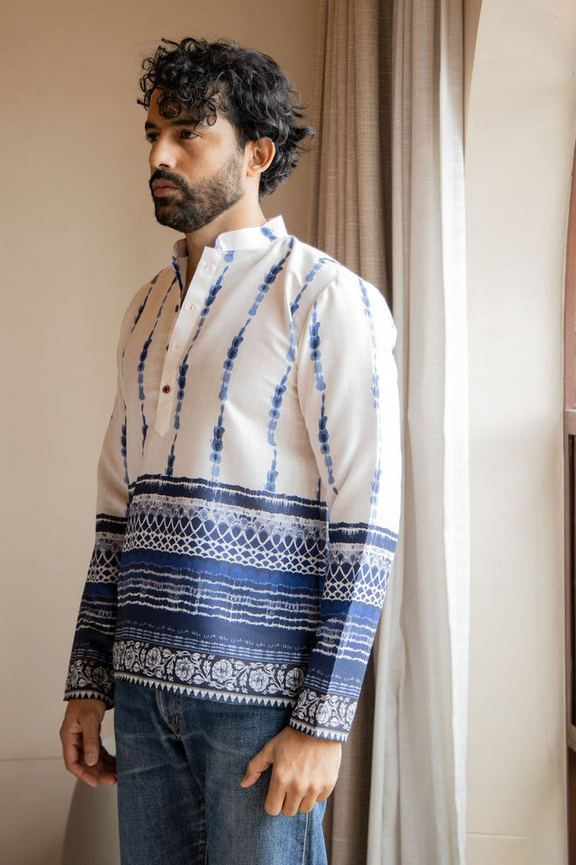 Mens Blue Printed Linen Short Kurta (ACB2341)