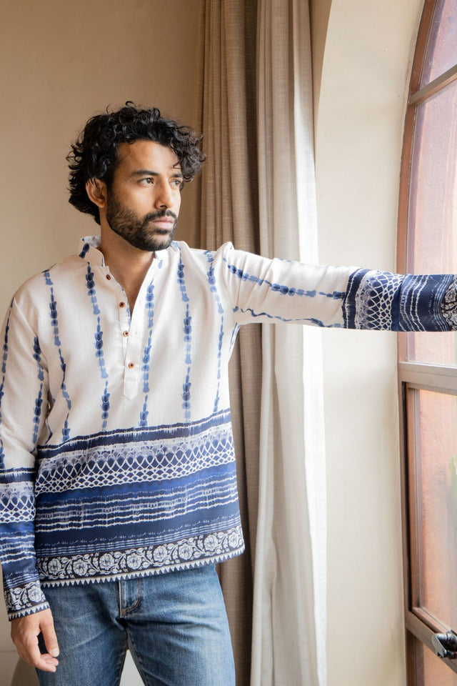 Mens Blue Printed Linen Short Kurta (ACB2341)