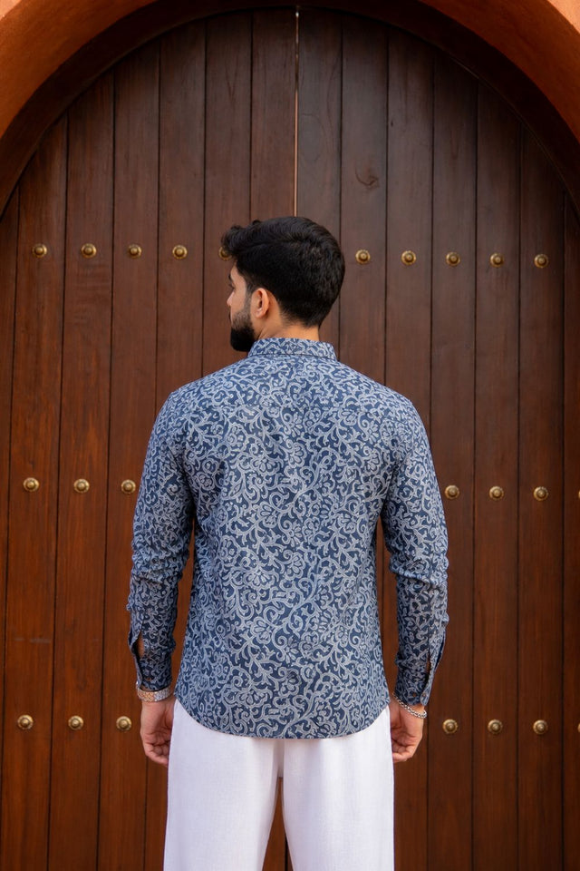 Mens Blue Printed Linen Short Kurta (ACB2342)