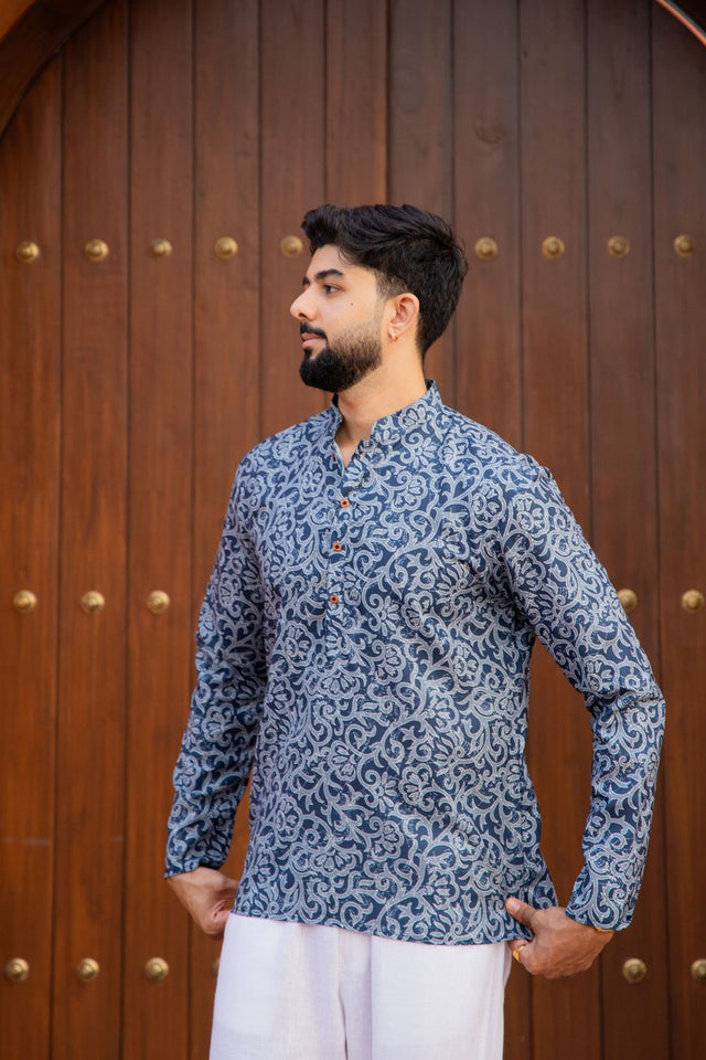 Mens Blue Printed Linen Short Kurta (ACB2342)