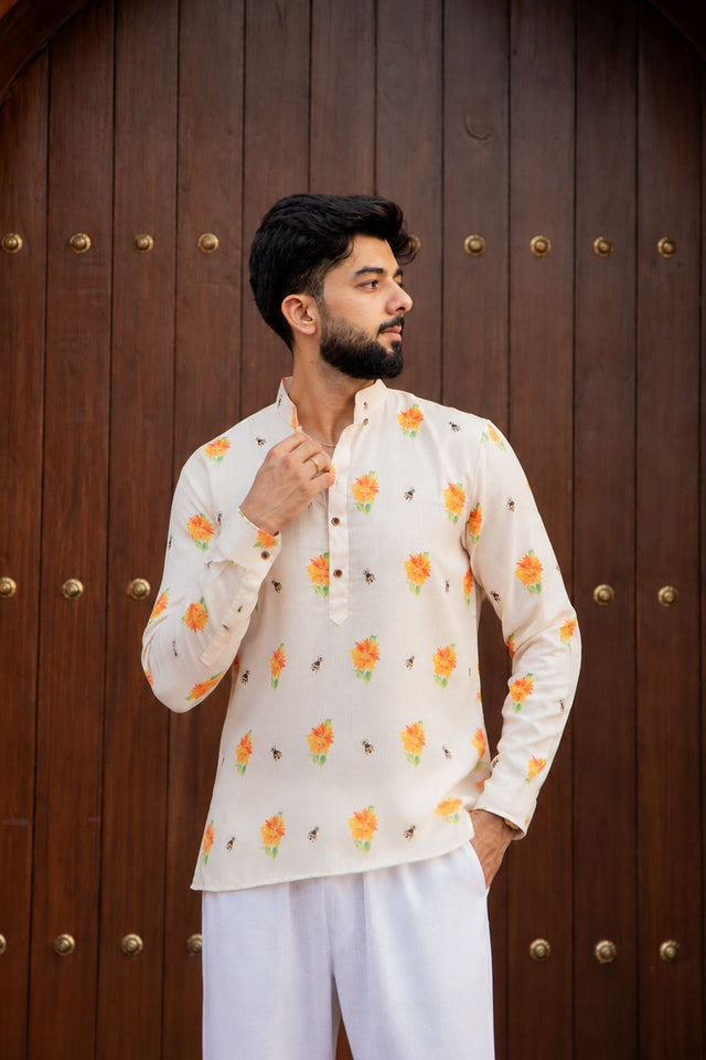 Mens Cream Printed Linen Short Kurta (ACB2343)