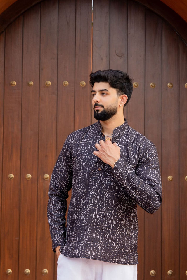 Mens Black Printed Linen Short Kurta (ACB2344)