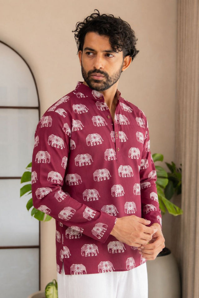 Mens Pink Printed Linen Short Kurta (ACB2346)