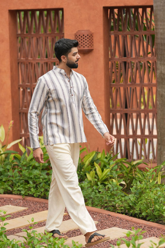 Mens Off White Printed Linen Short Kurta (ACB2348)