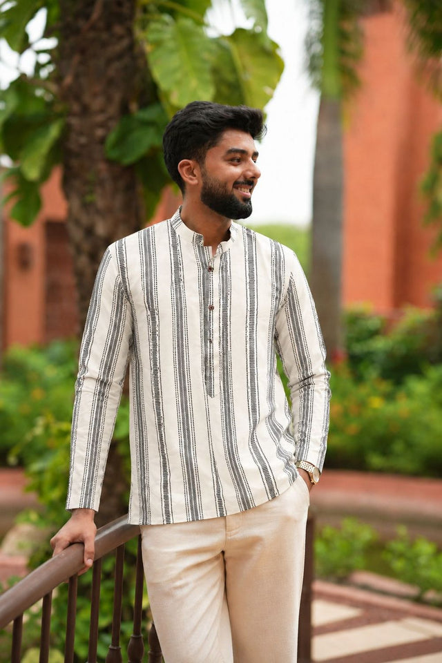 Mens Off White Printed Linen Short Kurta (ACB2348)