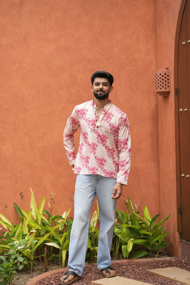 Mens Pink Printed Linen Short Kurta (ACB2349)