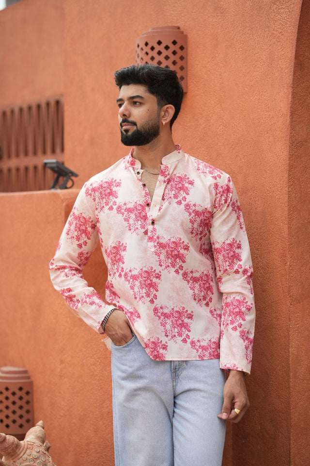 Mens Pink Printed Linen Short Kurta (ACB2349)