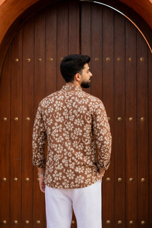 Mens Brown Printed Linen Short Kurta (ACB2350)