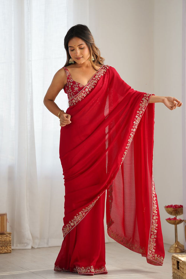 Pink Solid with Floral Embroidered Border Silk Saree (ACB2358)