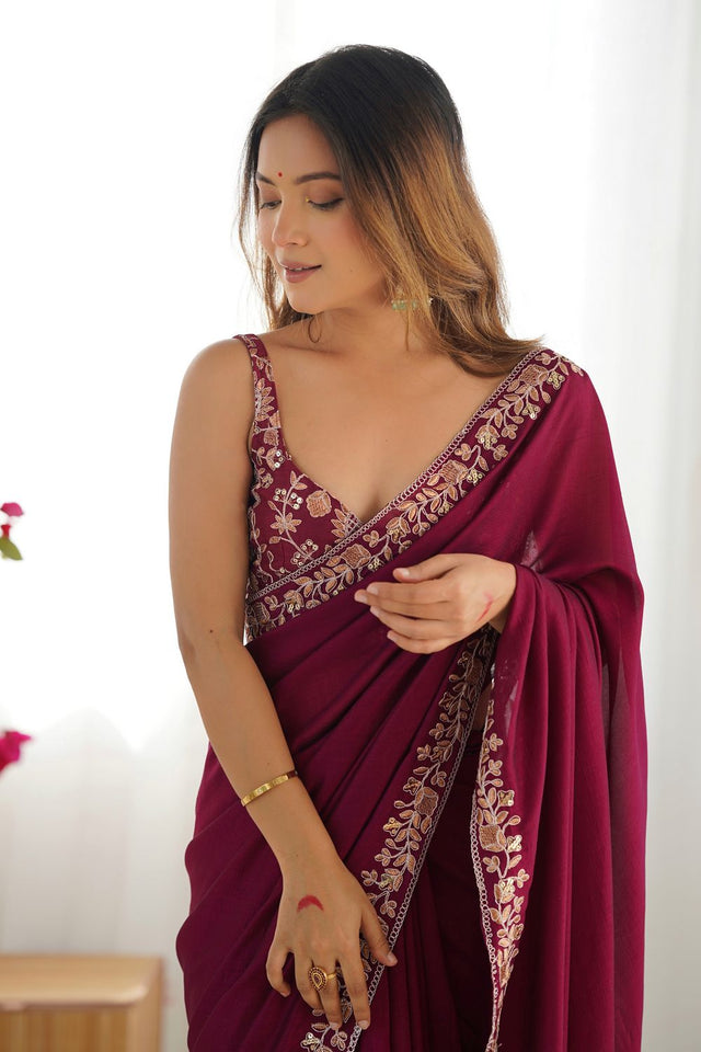Wine Solid with Floral Embroidered Border Silk Saree (ACB2359)