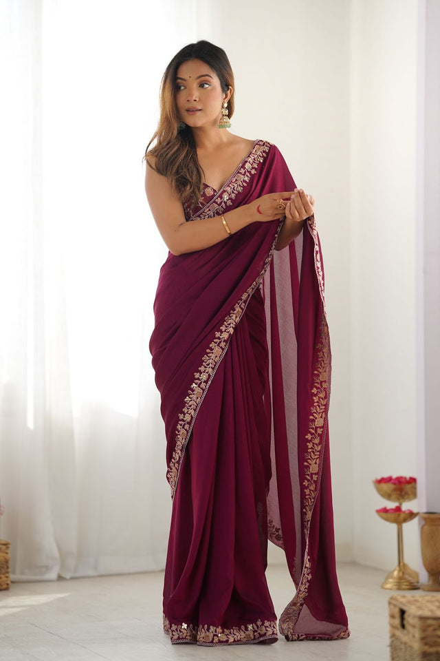 Wine Solid with Floral Embroidered Border Silk Saree (ACB2359)