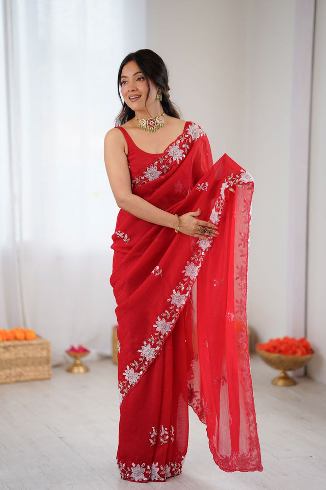 Red Beads Embossed Satin Saree (ACB2360)
