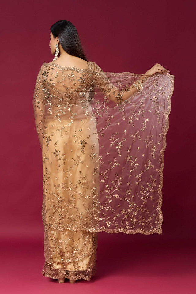Brown Sequin with Embroidered Net Saree (ACB2361)