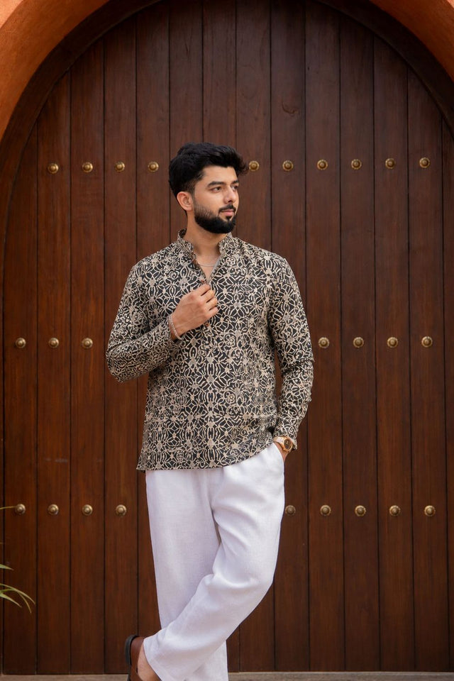 Mens Black Printed Linen Short Kurta (ACB2369)
