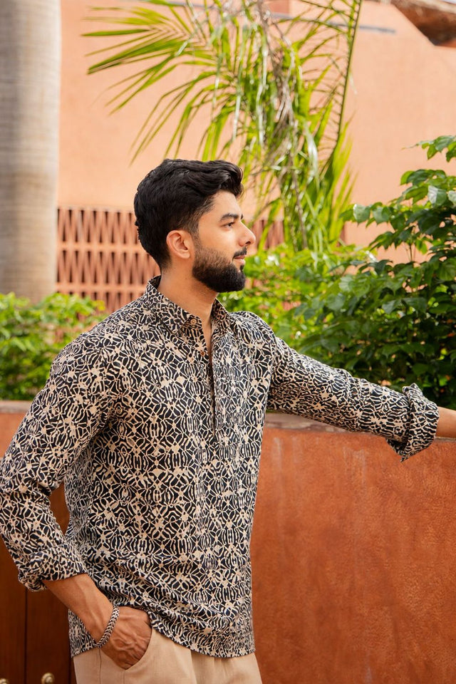 Mens Black Printed Linen Short Kurta (ACB2369)