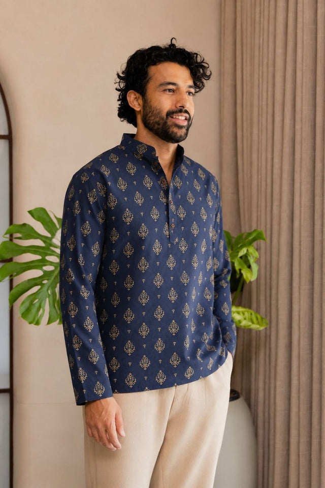 Mens Navy Blue Printed Linen Short Kurta (ACB2371)